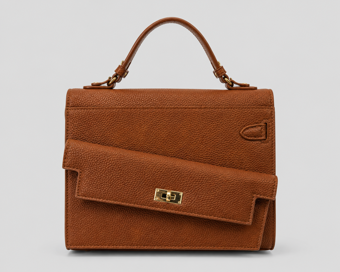 Cognac Pebbled Leather Top Handle Satchel — Structured Flap Bag with Gold Turn-Lock & Pocket Detail