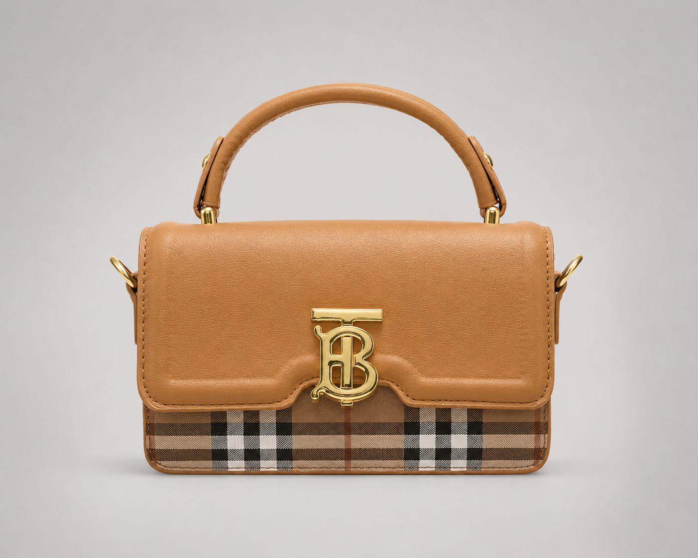 Tan Leather Flap Satchel — Monogram Lock Top Handle Crossbody Bag with Check Panel