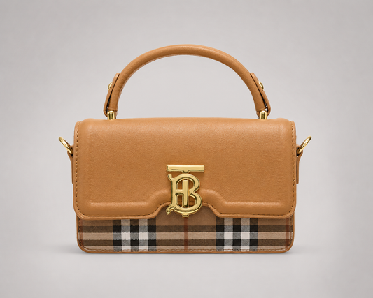Tan Leather Flap Satchel — Monogram Lock Top Handle Crossbody Bag with Check Panel