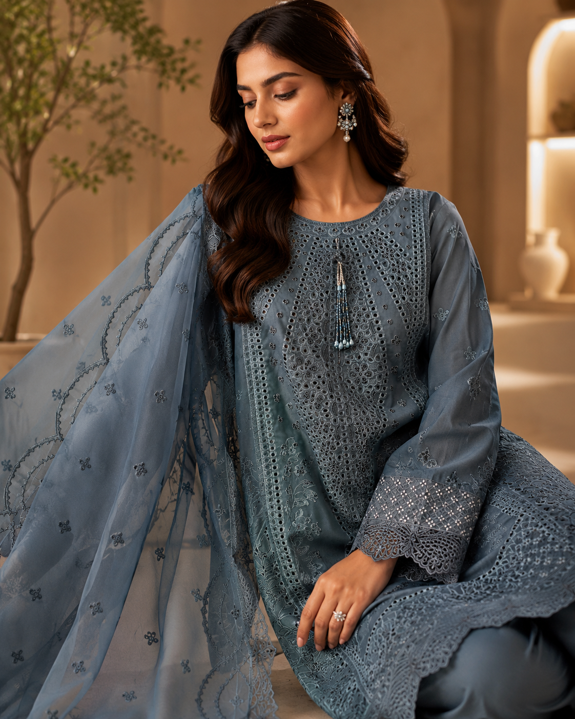 Steel Blue Cutwork Organza 3-Piece Suit | Schiffli Embroidery & Scallop Lace Dupatta | Pakistani Women's Formal Wear