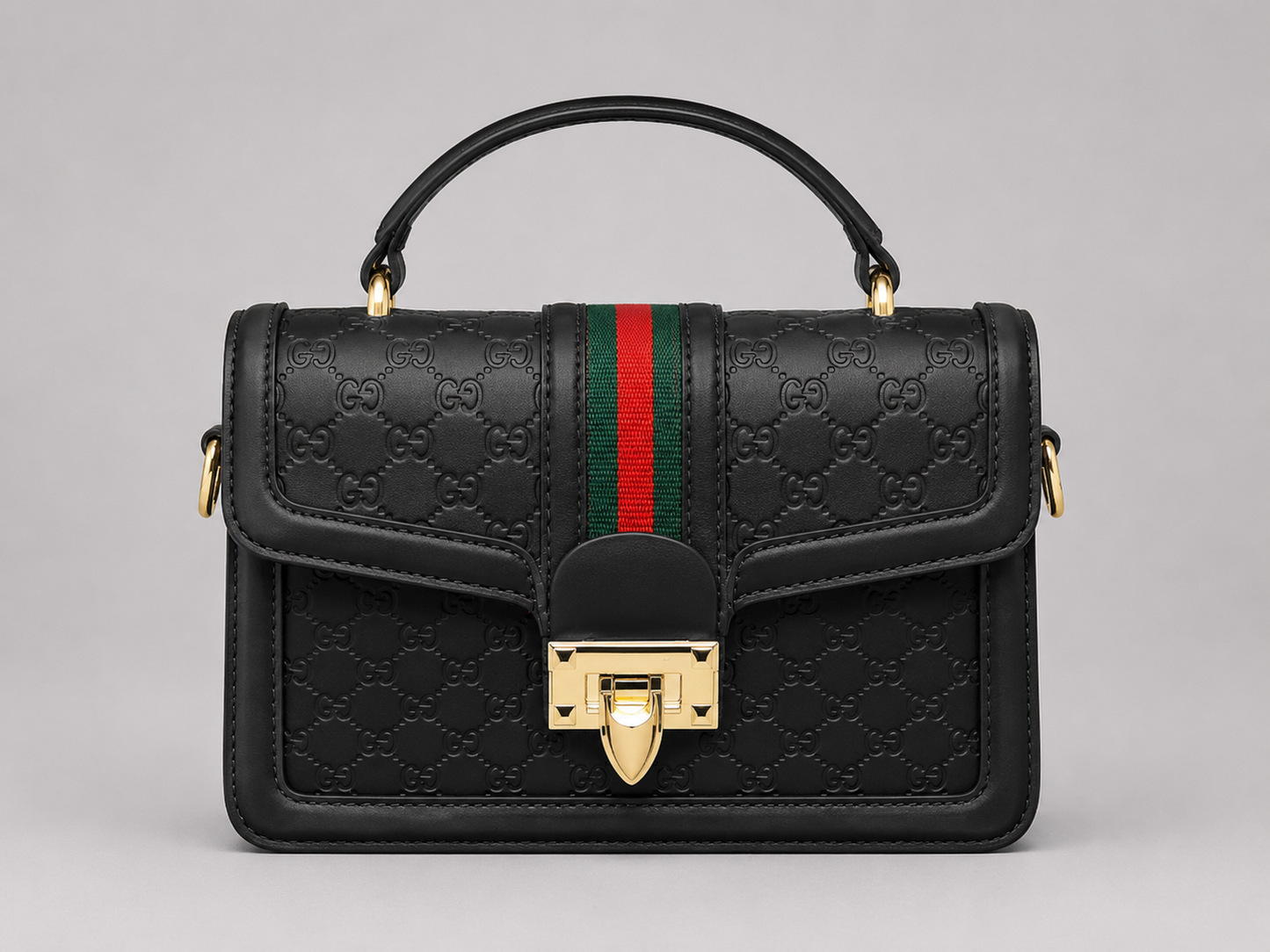 Gucci Black GG Embossed Leather Satchel — Web Stripe Top Handle Crossbody with Gold Lock Closure