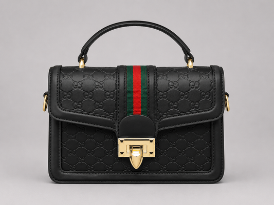 Gucci Black GG Embossed Leather Satchel — Web Stripe Top Handle Crossbody with Gold Lock Closure