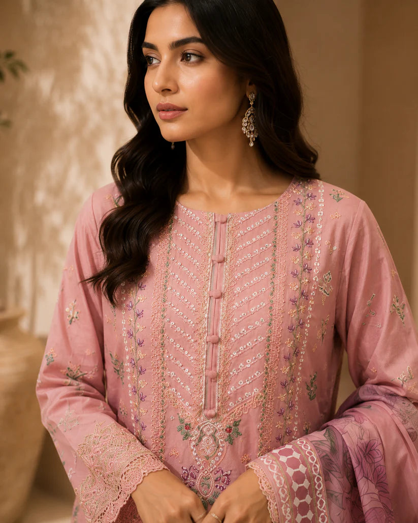 Emerald Teal Embroidered 3-Piece Suit | Gold Chevron Threadwork & Floral Print Dupatta | Pakistani Women's Luxury Formal Collection