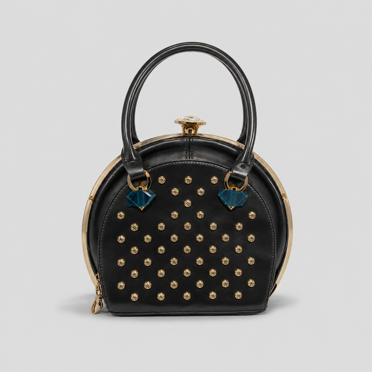Black Crystal Studded Half-Moon Evening Bag — Gold Frame Kiss-Lock Top Handle Clutch with Teal Gem Drops