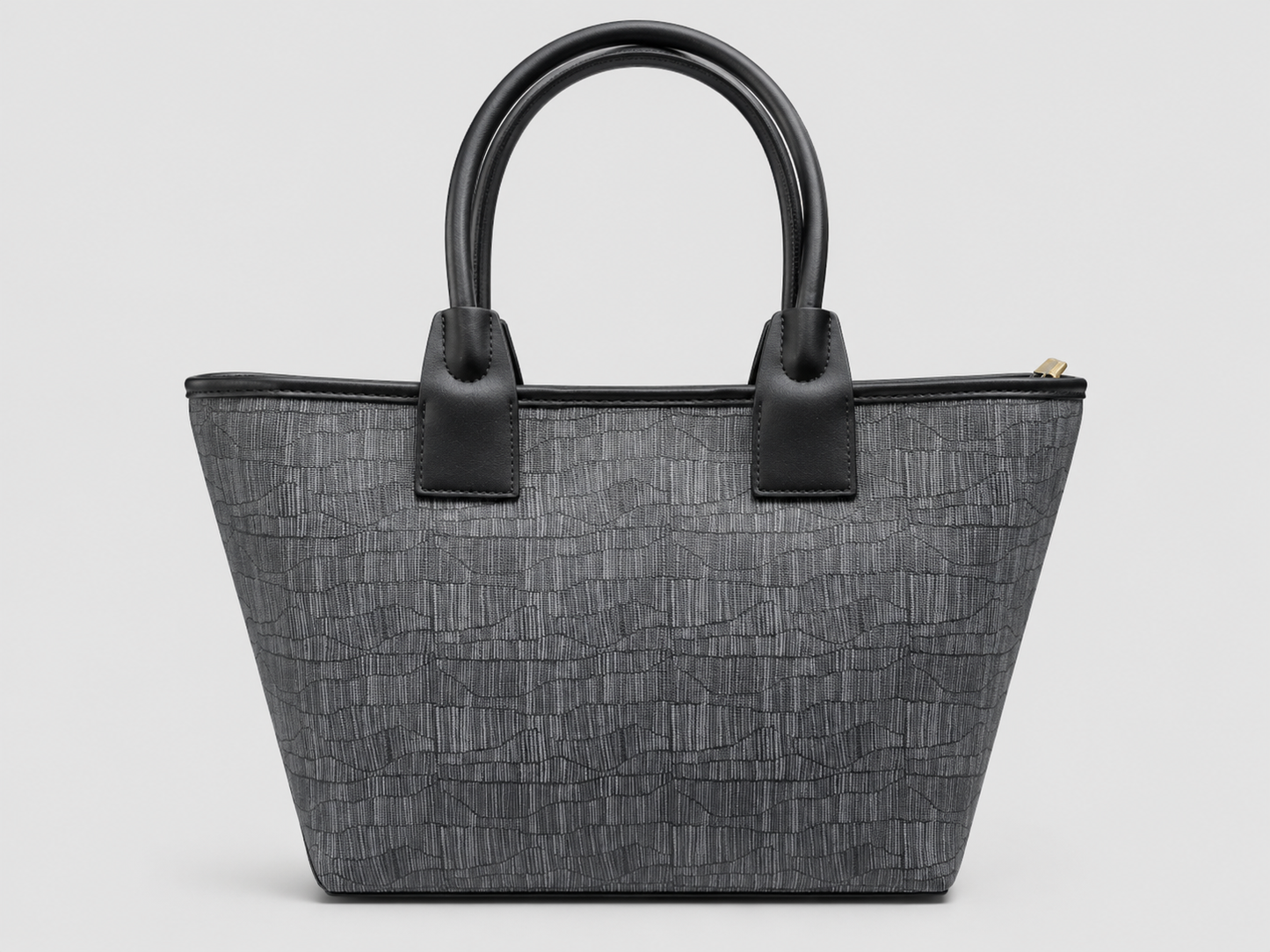 Charcoal Grey Textured Jacquard Tote — Black Leather Trim Structured Top Handle Shoulder Bag