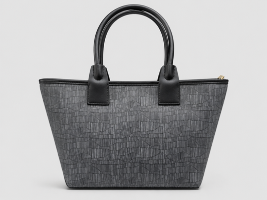 Charcoal Grey Textured Jacquard Tote — Black Leather Trim Structured Top Handle Shoulder Bag