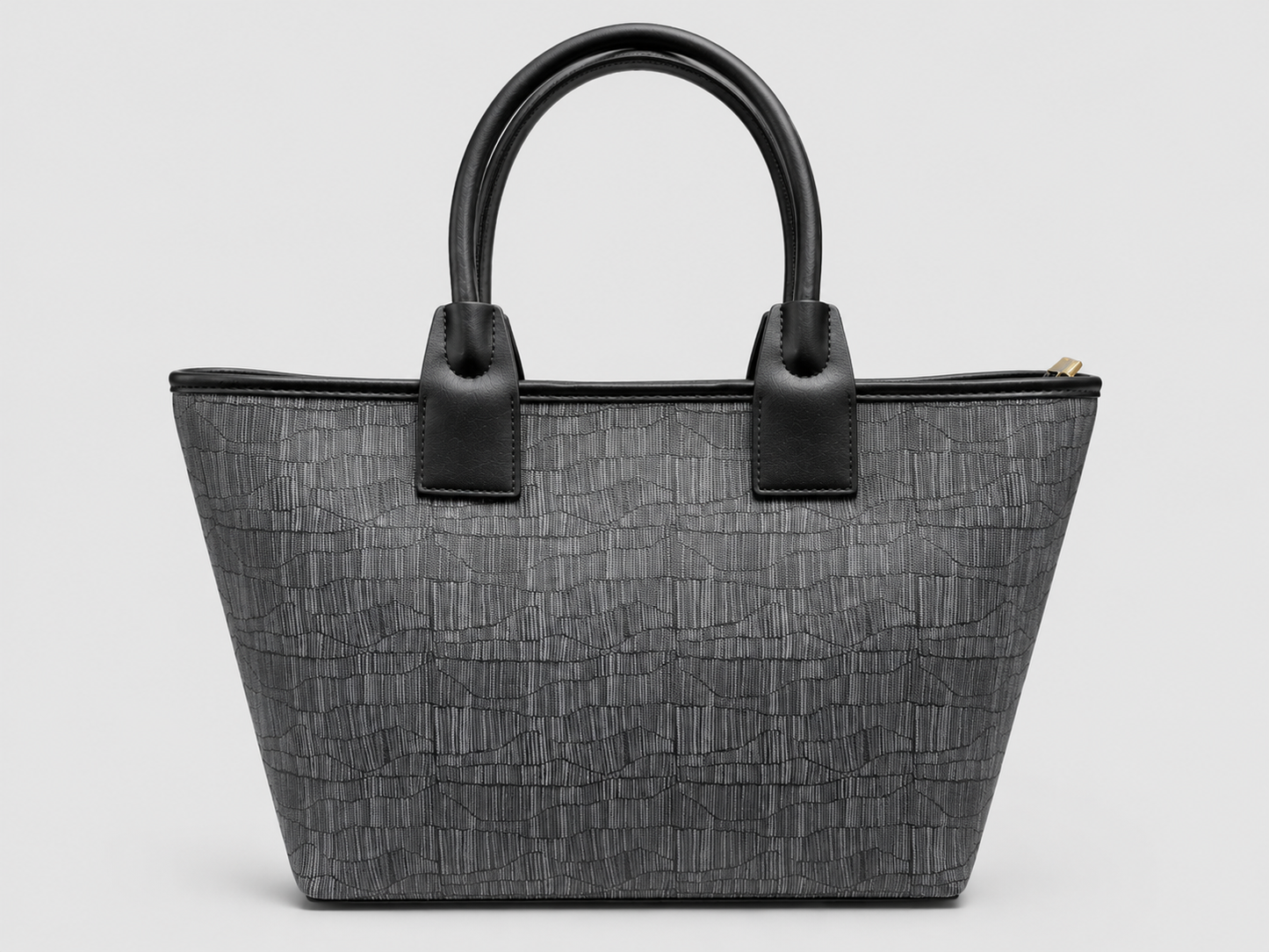 Charcoal Grey Textured Jacquard Tote — Black Leather Trim Structured Top Handle Shoulder Bag