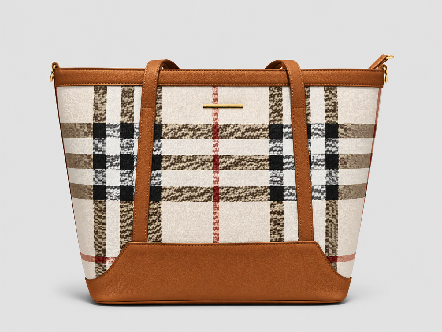Classic Check Canvas Tote — Tan Leather Trim Large Shoulder Bag with Gold Bar Hardware