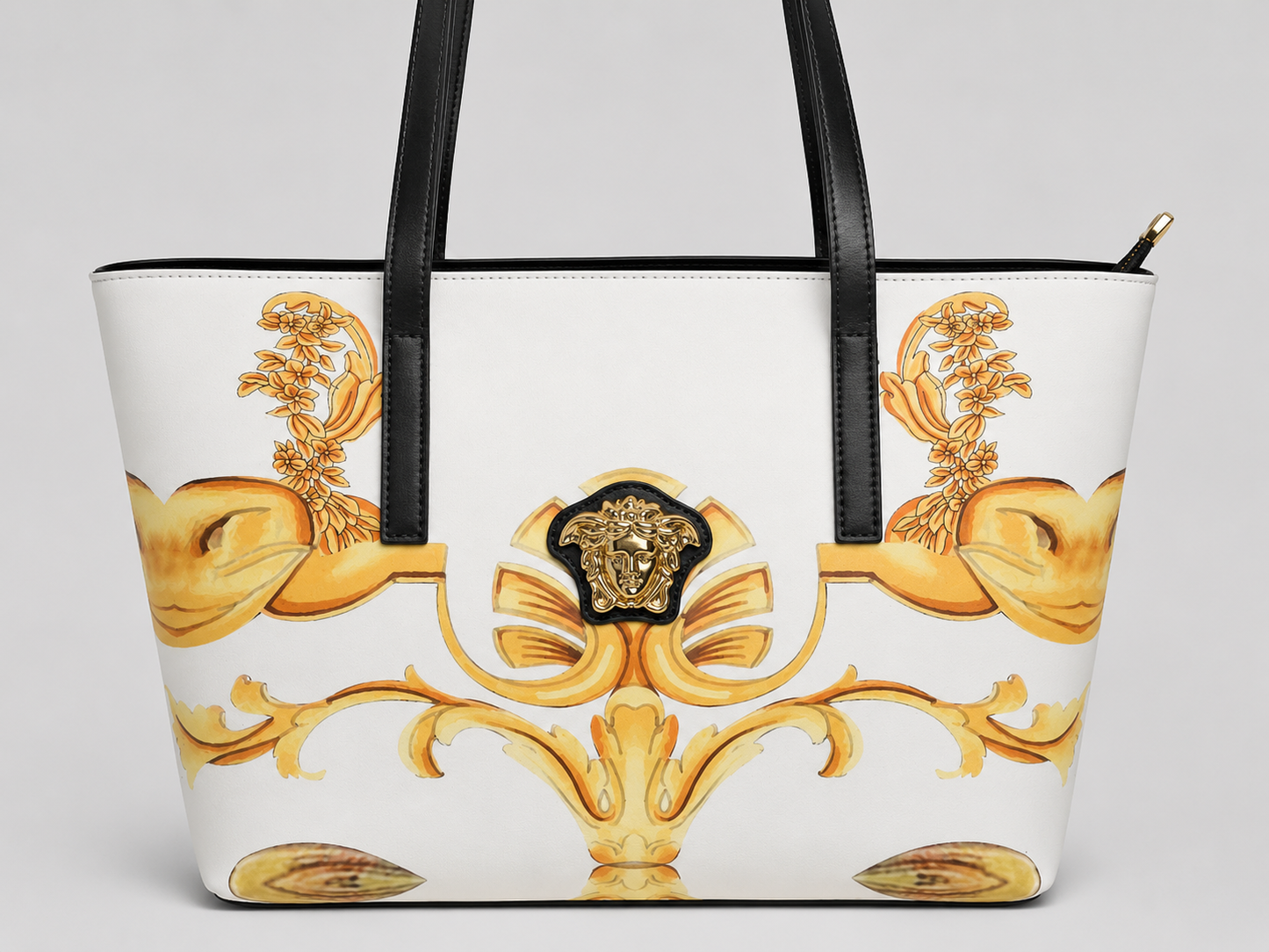 Versace White Baroque Gold Print Tote — Medusa Head Hardware Large Shoulder Bag