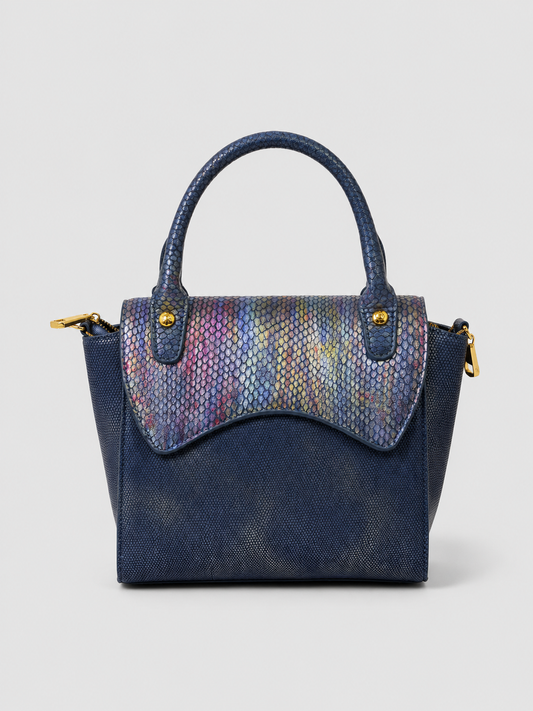 AIGNER Navy Iridescent Snake-Embossed Satchel — Rainbow Flap Top Handle Crossbody with Gold Horse Hardware