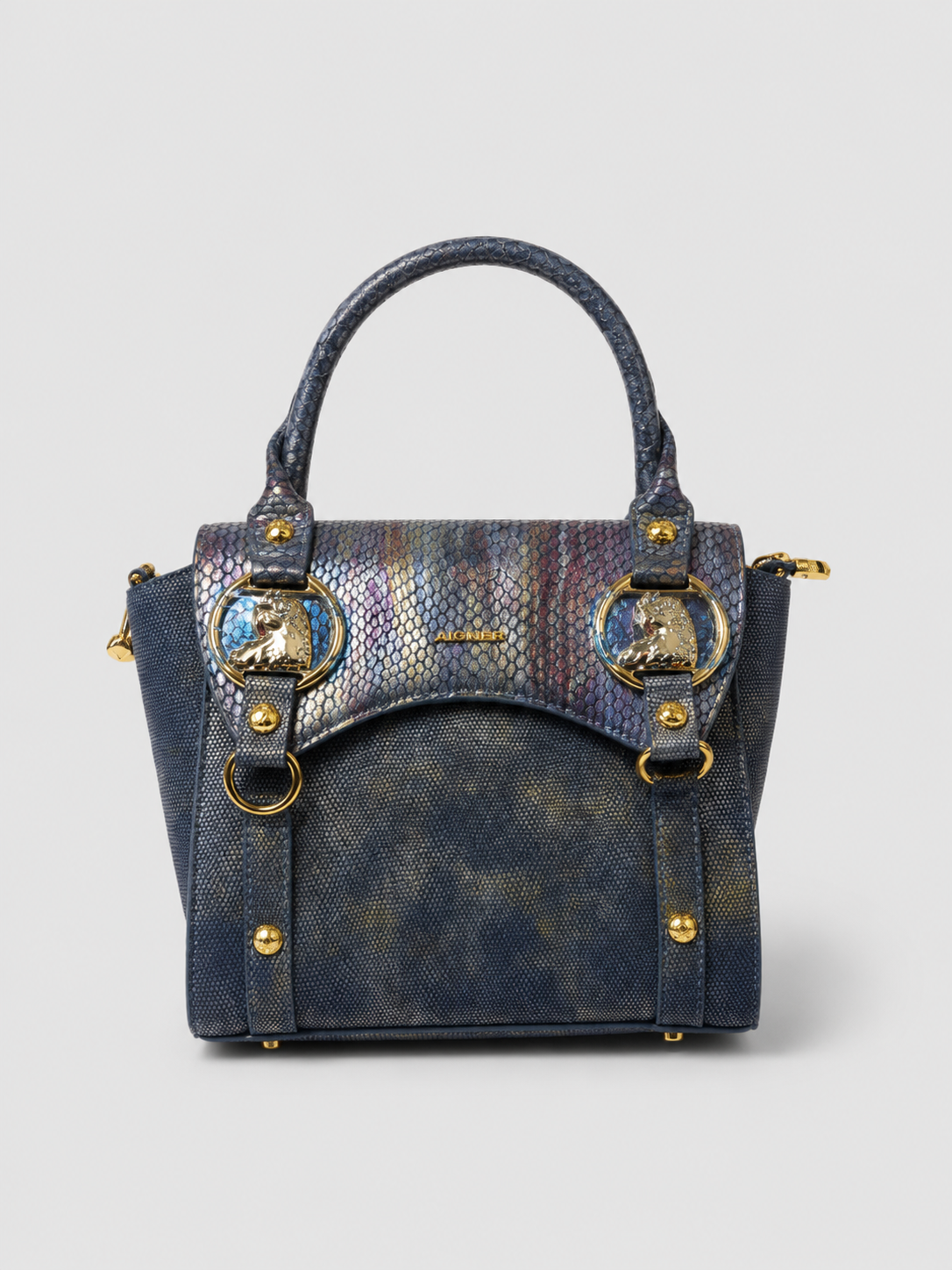 AIGNER Navy Iridescent Snake-Embossed Satchel — Rainbow Flap Top Handle Crossbody with Gold Horse Hardware