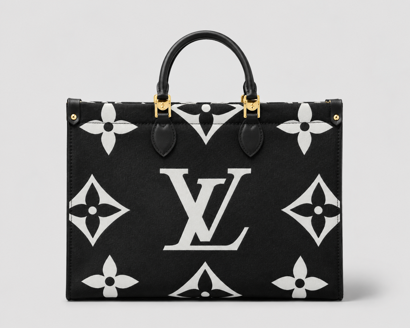 Black & White Giant Monogram Canvas Tote — Oversized Logo Print Top Handle Shoulder Bag with Gold Hardware