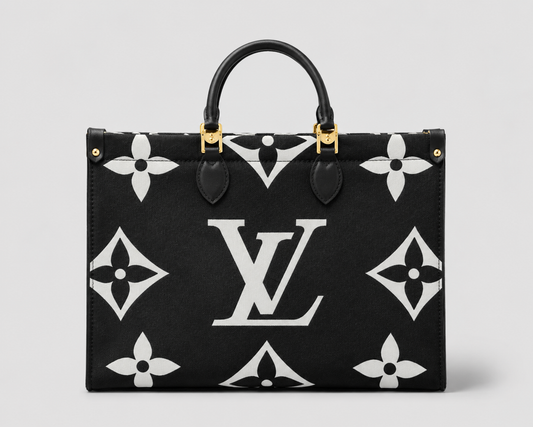 Black & White Giant Monogram Canvas Tote — Oversized Logo Print Top Handle Shoulder Bag with Gold Hardware