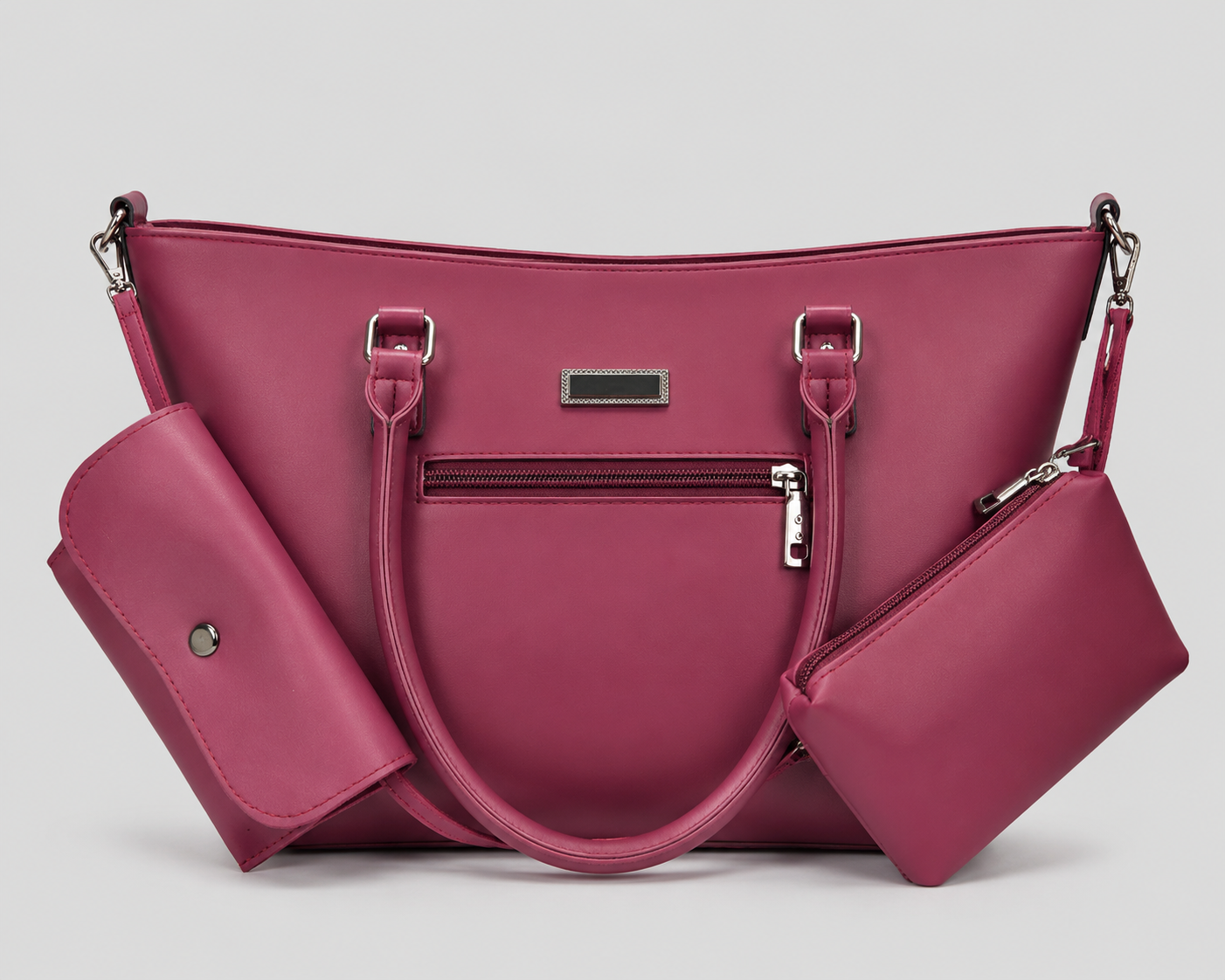 Berry Pink 3-Piece Tote Set — Shoulder Bag with Matching Card Holder & Zip Pouch