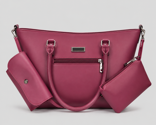 Berry Pink 3-Piece Tote Set — Shoulder Bag with Matching Card Holder & Zip Pouch