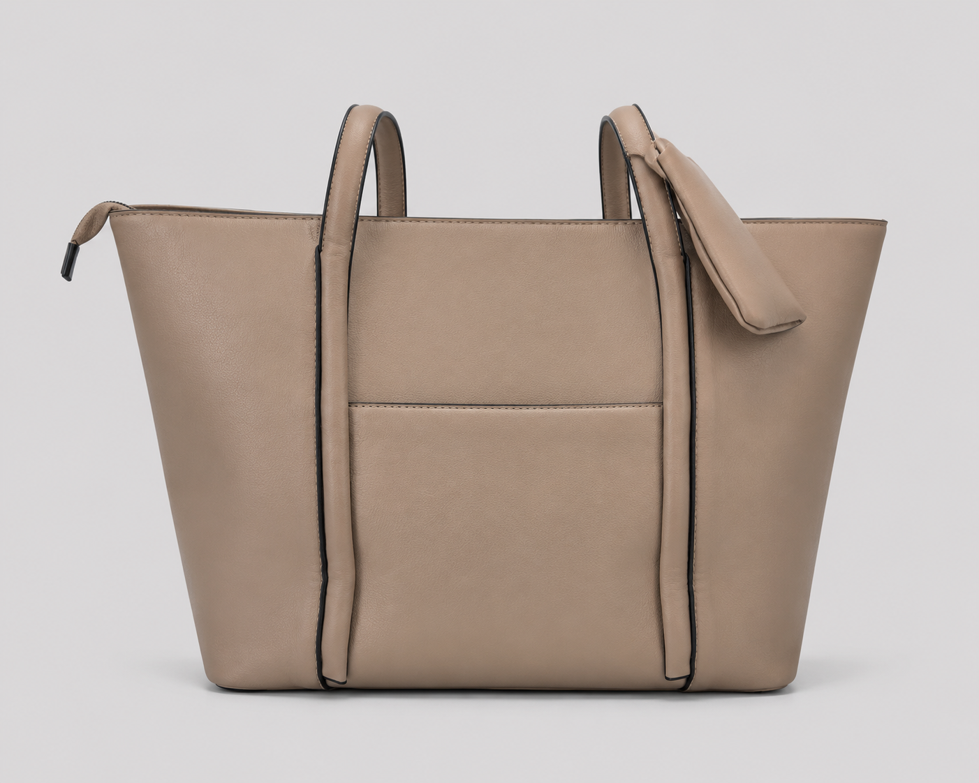 Taupe Leather Large Shopper Tote — Minimalist Open Top Shoulder Bag with Front Pocket & Black Edge Trim
