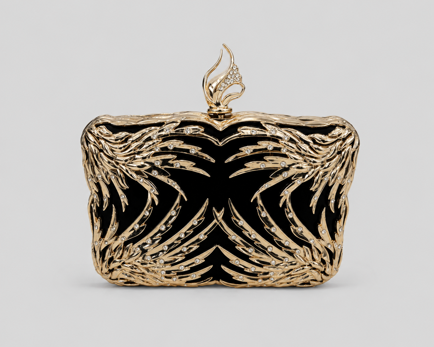 Phoenix Flame Crystal Clutch – Black & Gold