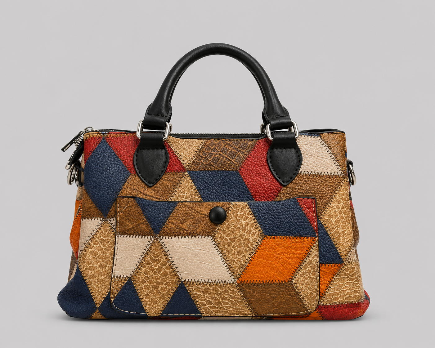 Multicolour Geometric Patchwork Leather Tote — Artisan Diamond Pattern Boston Bag with Black Handles