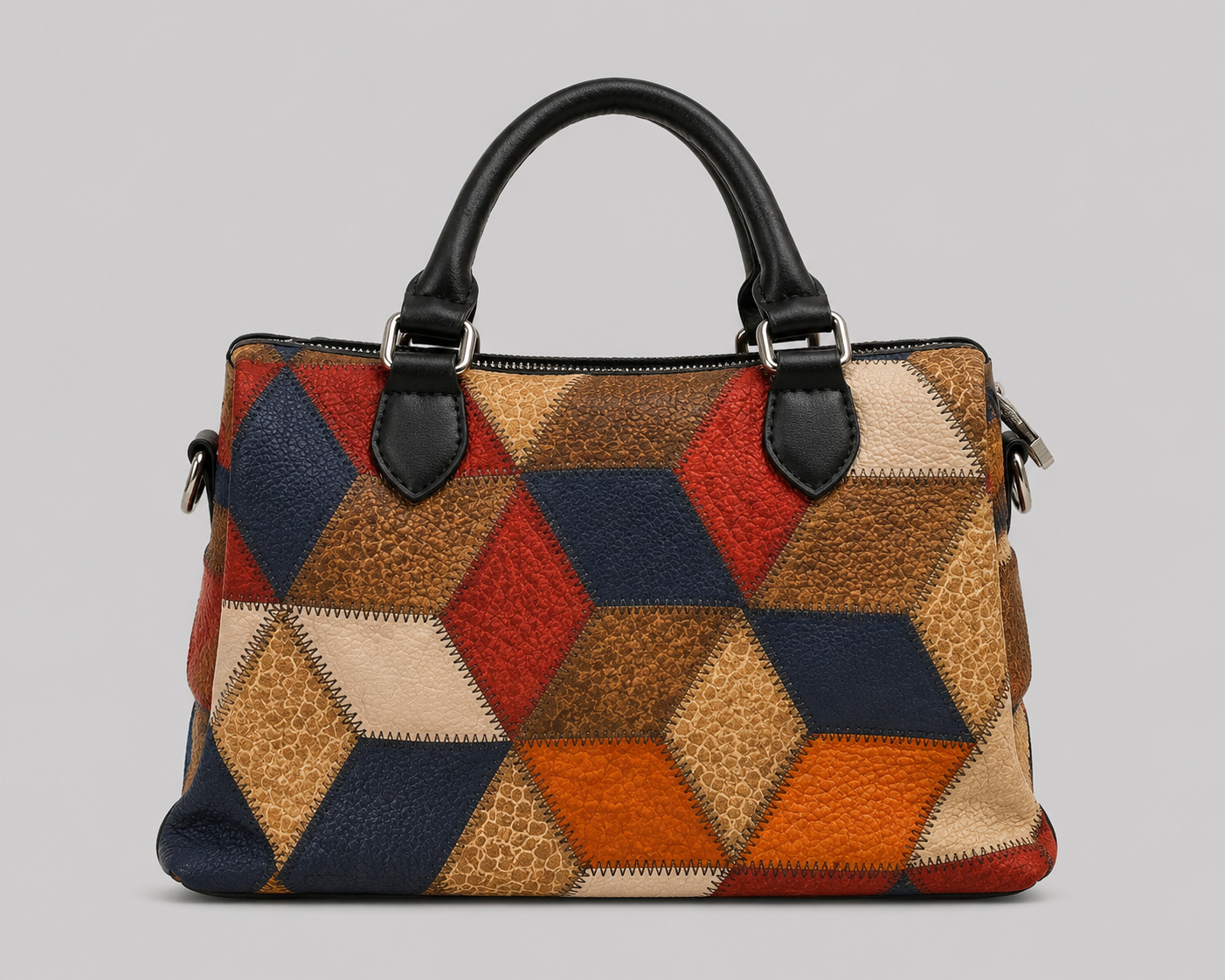 Multicolour Geometric Patchwork Leather Tote — Artisan Diamond Pattern Boston Bag with Black Handles