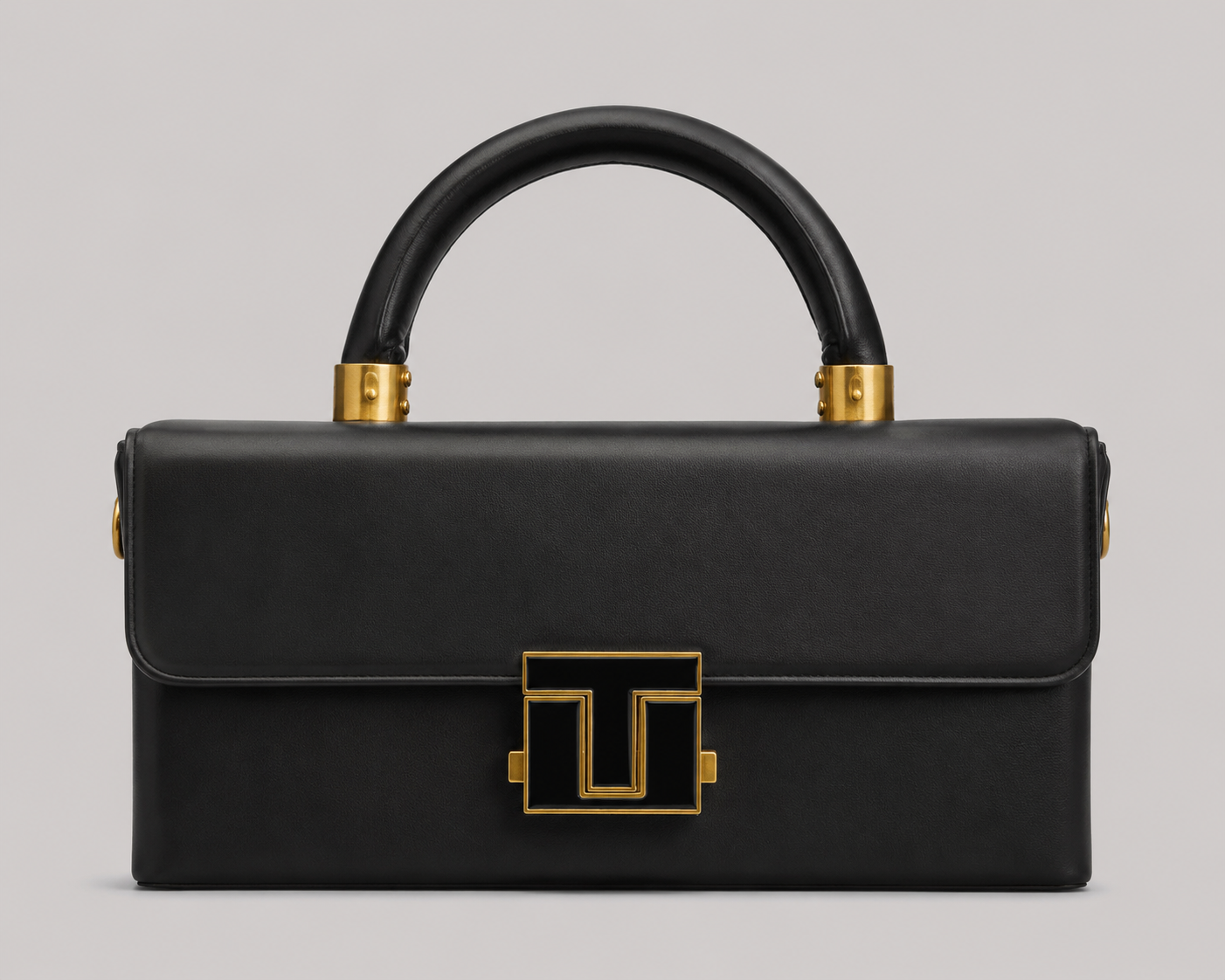 QINGMUXI Black Leather Box Clutch — Gold T-Lock Flap Top Handle Satchel with Stud Detail