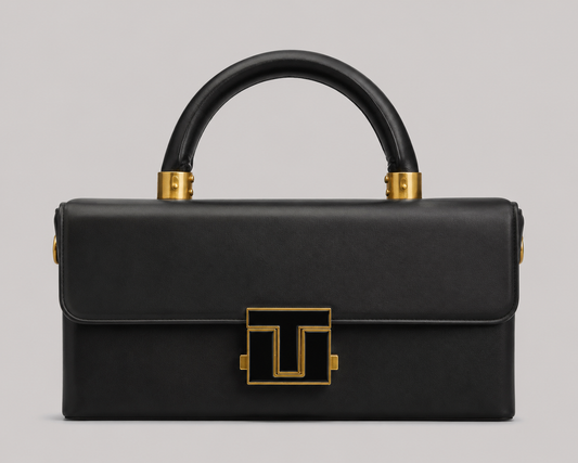 QINGMUXI Black Leather Box Clutch — Gold T-Lock Flap Top Handle Satchel with Stud Detail