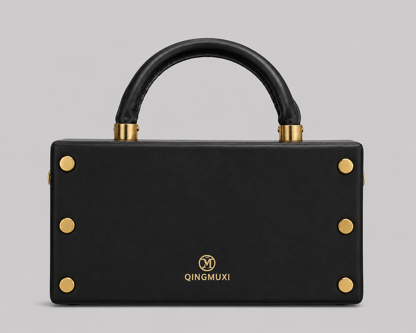 QINGMUXI Black Leather Box Clutch — Gold T-Lock Flap Top Handle Satchel with Stud Detail