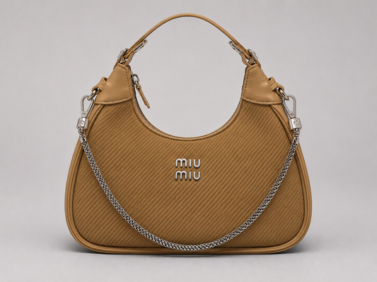 Miu Miu Camel Diagonal Quilted Hobo Bag — Silver Chain Strap Top Handle Shoulder Bag