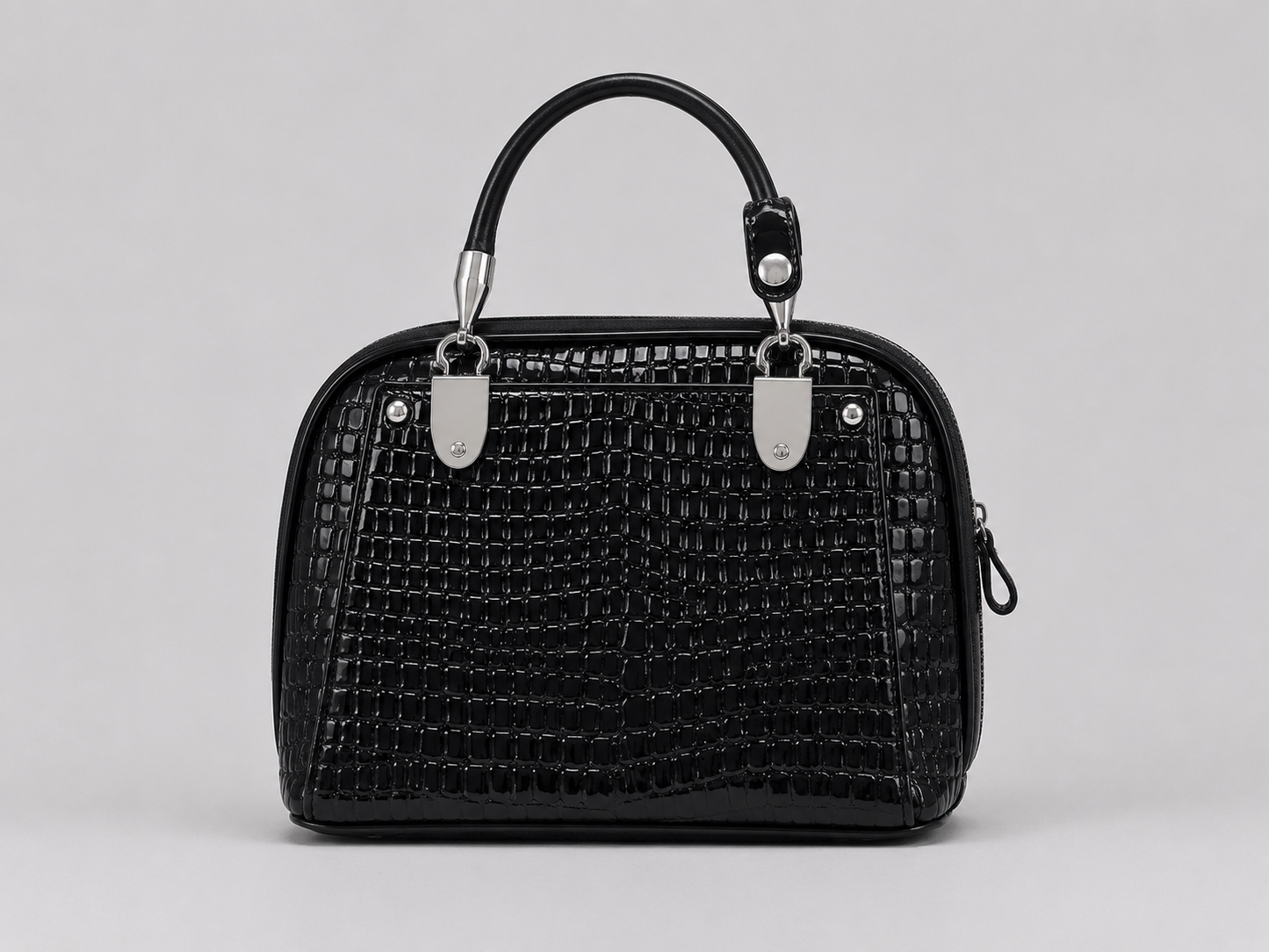 Black Patent Croc-Embossed Mini Dome Bag — Glossy Top Handle Satchel with Silver Hardware