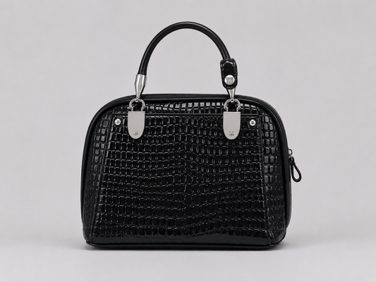 Black Patent Croc-Embossed Mini Dome Bag — Glossy Top Handle Satchel with Silver Hardware