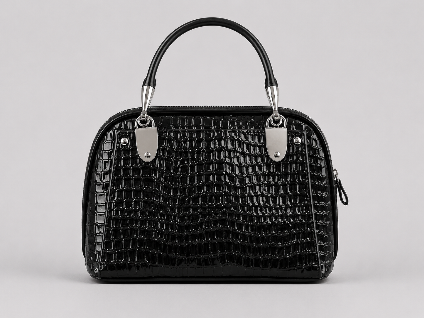 Black Patent Croc-Embossed Mini Dome Bag — Glossy Top Handle Satchel with Silver Hardware