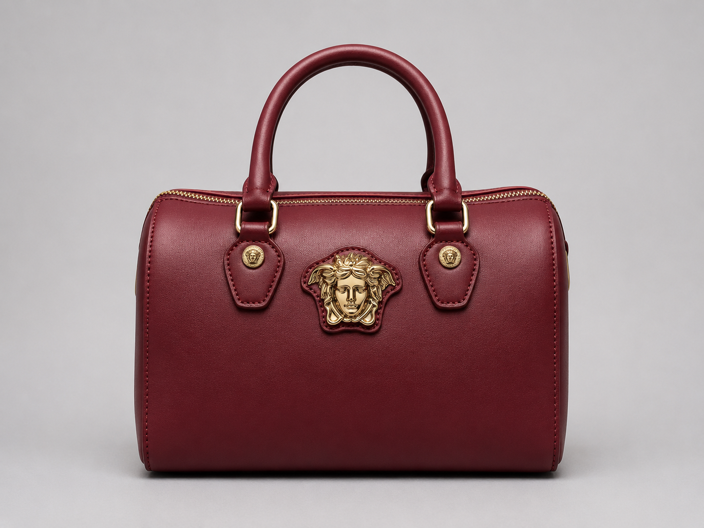 Versace Medusa Burgundy Leather Boston Bag — La Medusa Gold Hardware Top Handle Crossbody