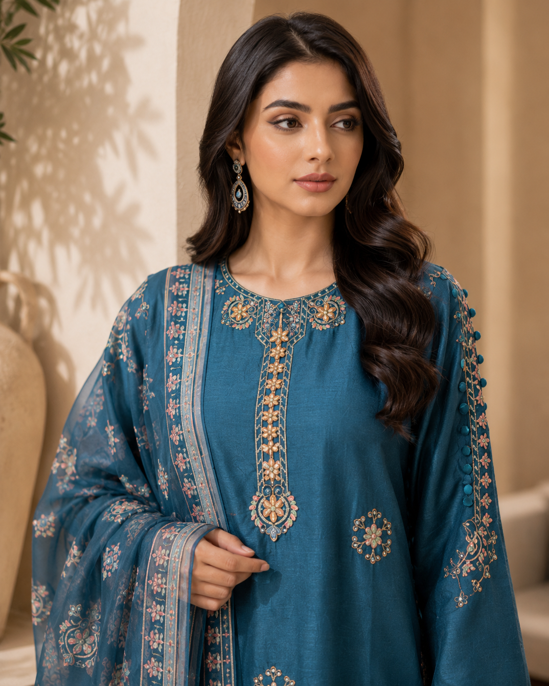 Crimson Rose Embroidered 3-Piece Suit with khussa | Gold & White Threadwork Sharara Set | Pakistani Women's Festive Collection