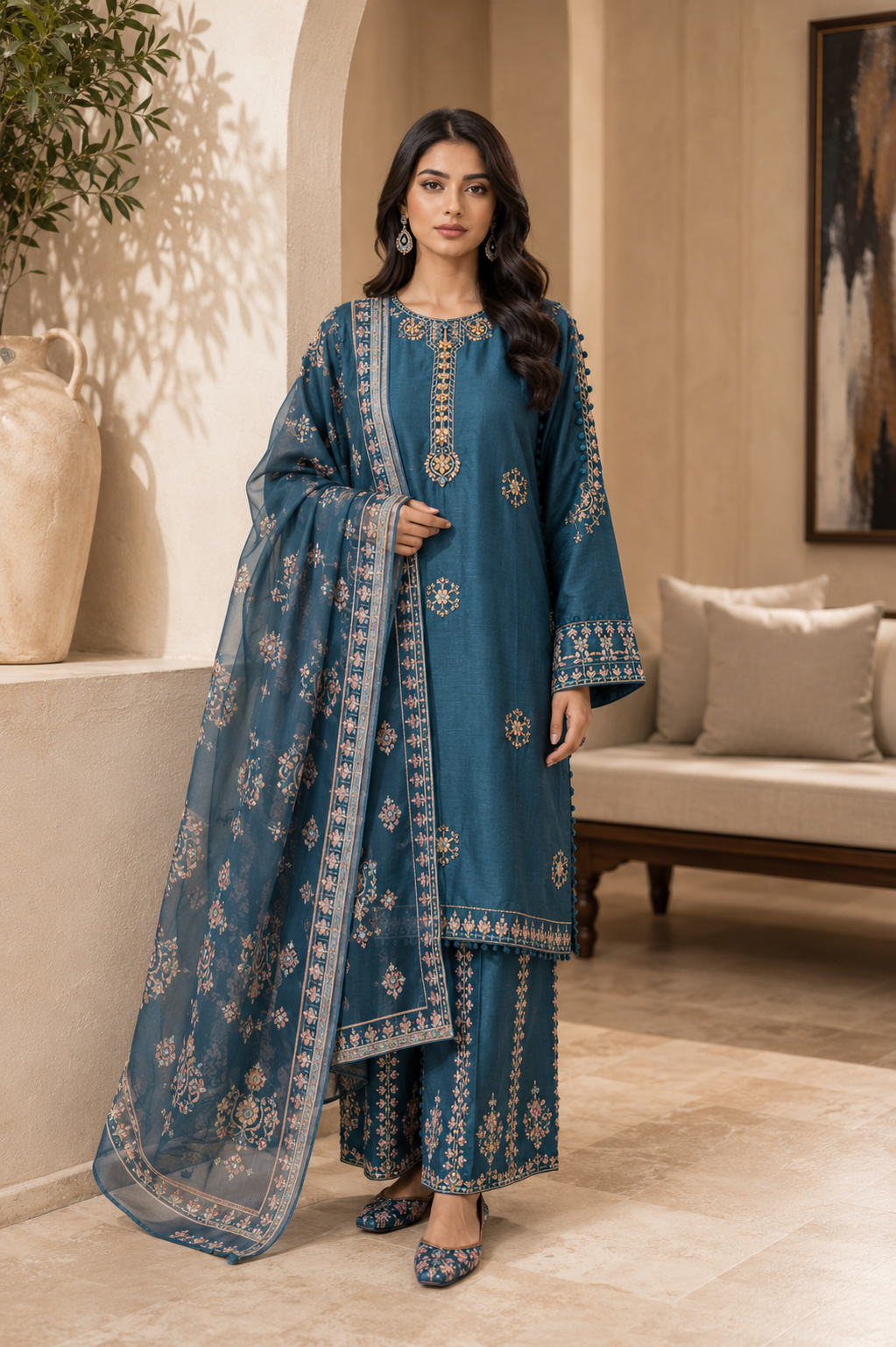 Crimson Rose Embroidered 3-Piece Suit with khussa | Gold & White Threadwork Sharara Set | Pakistani Women's Festive Collection