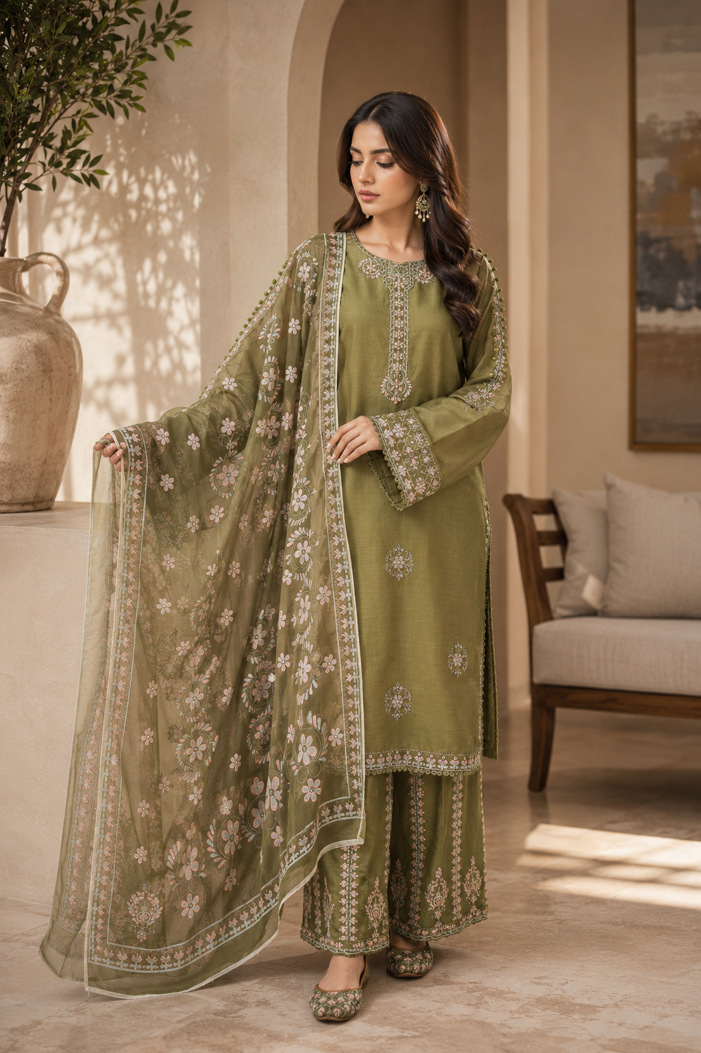 Crimson Rose Embroidered 3-Piece Suit with khussa | Gold & White Threadwork Sharara Set | Pakistani Women's Festive Collection