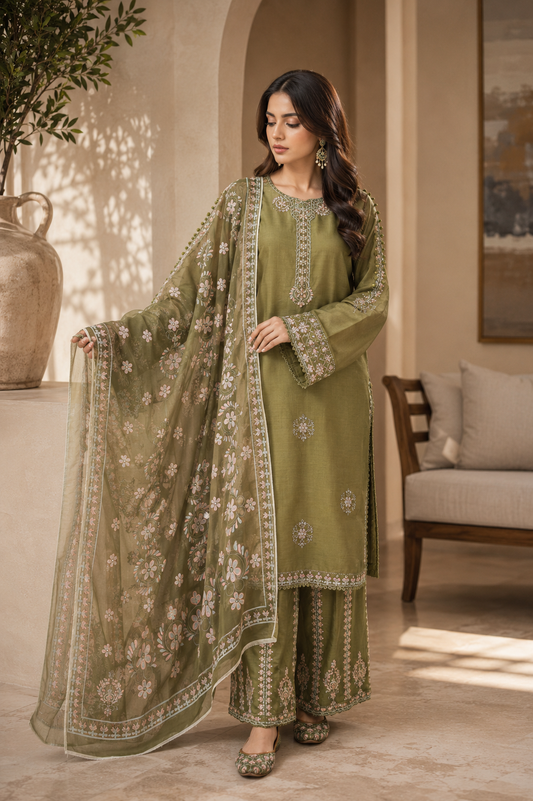 Crimson Rose Embroidered 3-Piece Suit with khussa | Gold & White Threadwork Sharara Set | Pakistani Women's Festive Collection