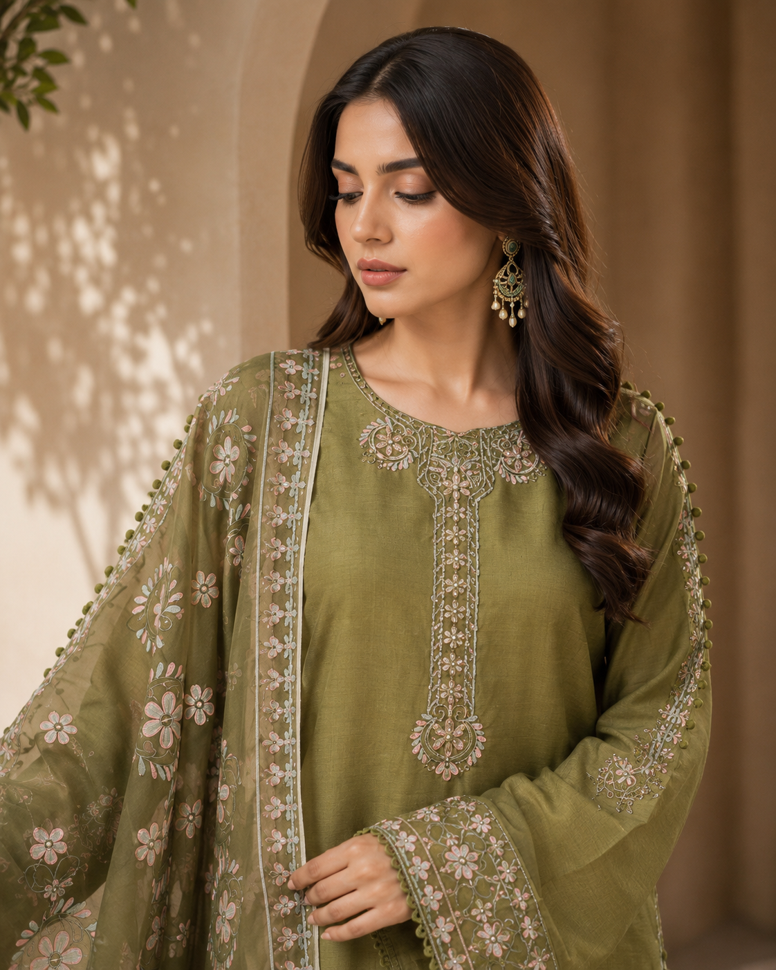 Crimson Rose Embroidered 3-Piece Suit with khussa | Gold & White Threadwork Sharara Set | Pakistani Women's Festive Collection
