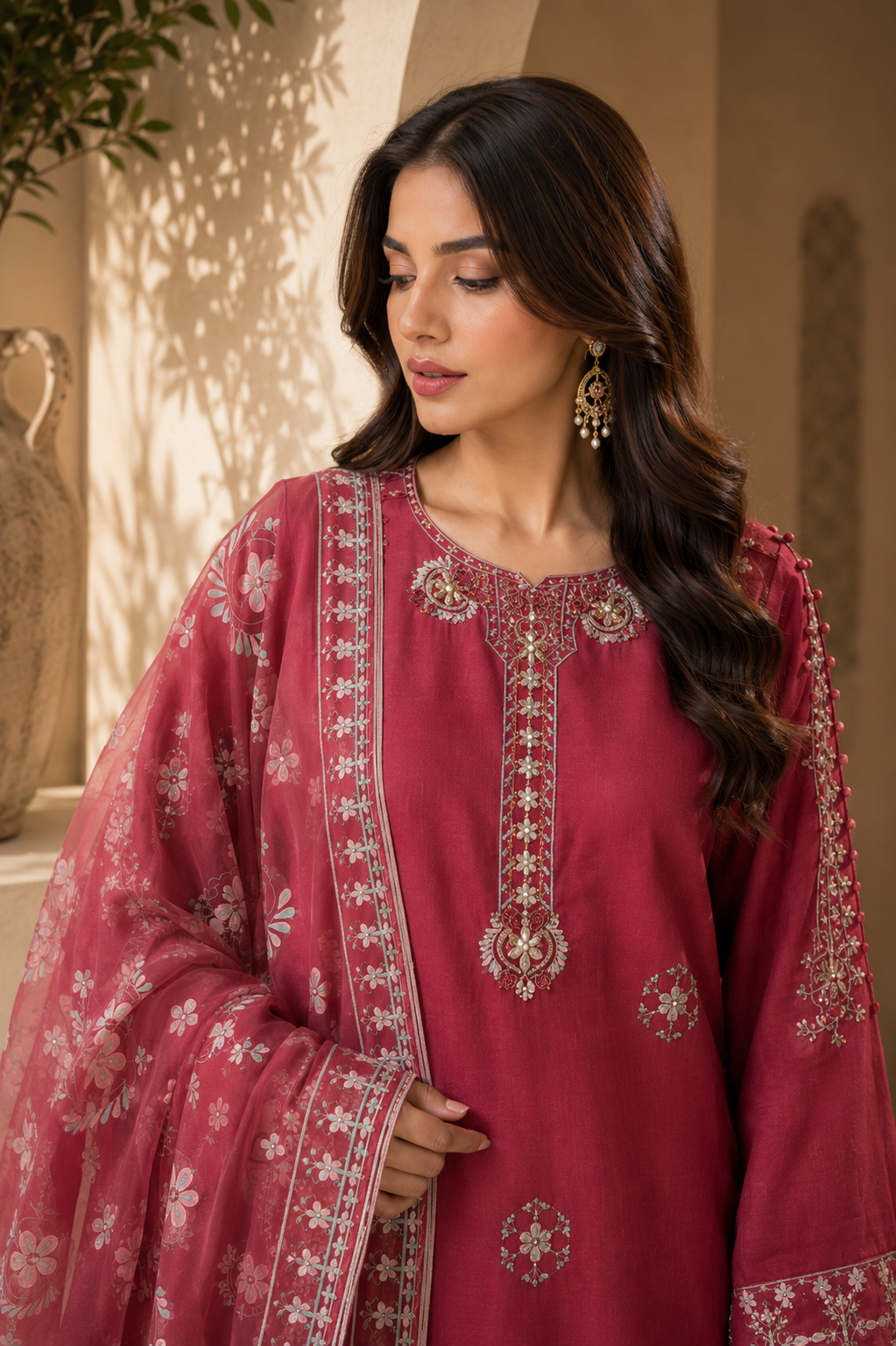 Crimson Rose Embroidered 3-Piece Suit with khussa | Gold & White Threadwork Sharara Set | Pakistani Women's Festive Collection