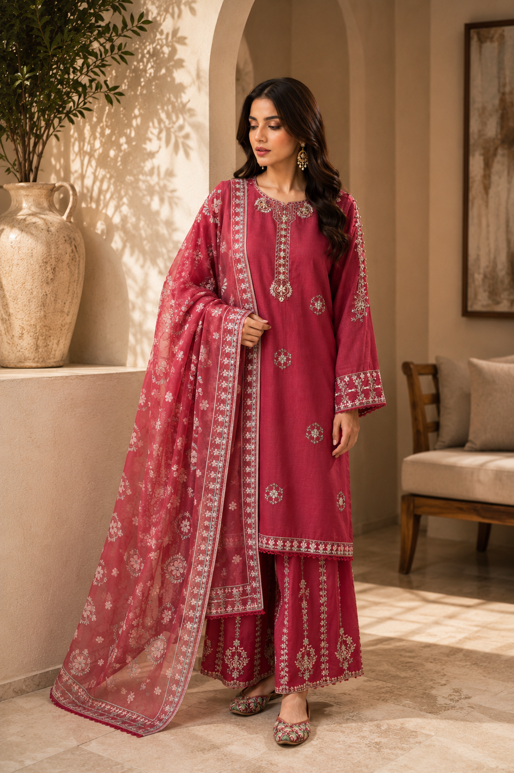 Crimson Rose Embroidered 3-Piece Suit with khussa | Gold & White Threadwork Sharara Set | Pakistani Women's Festive Collection