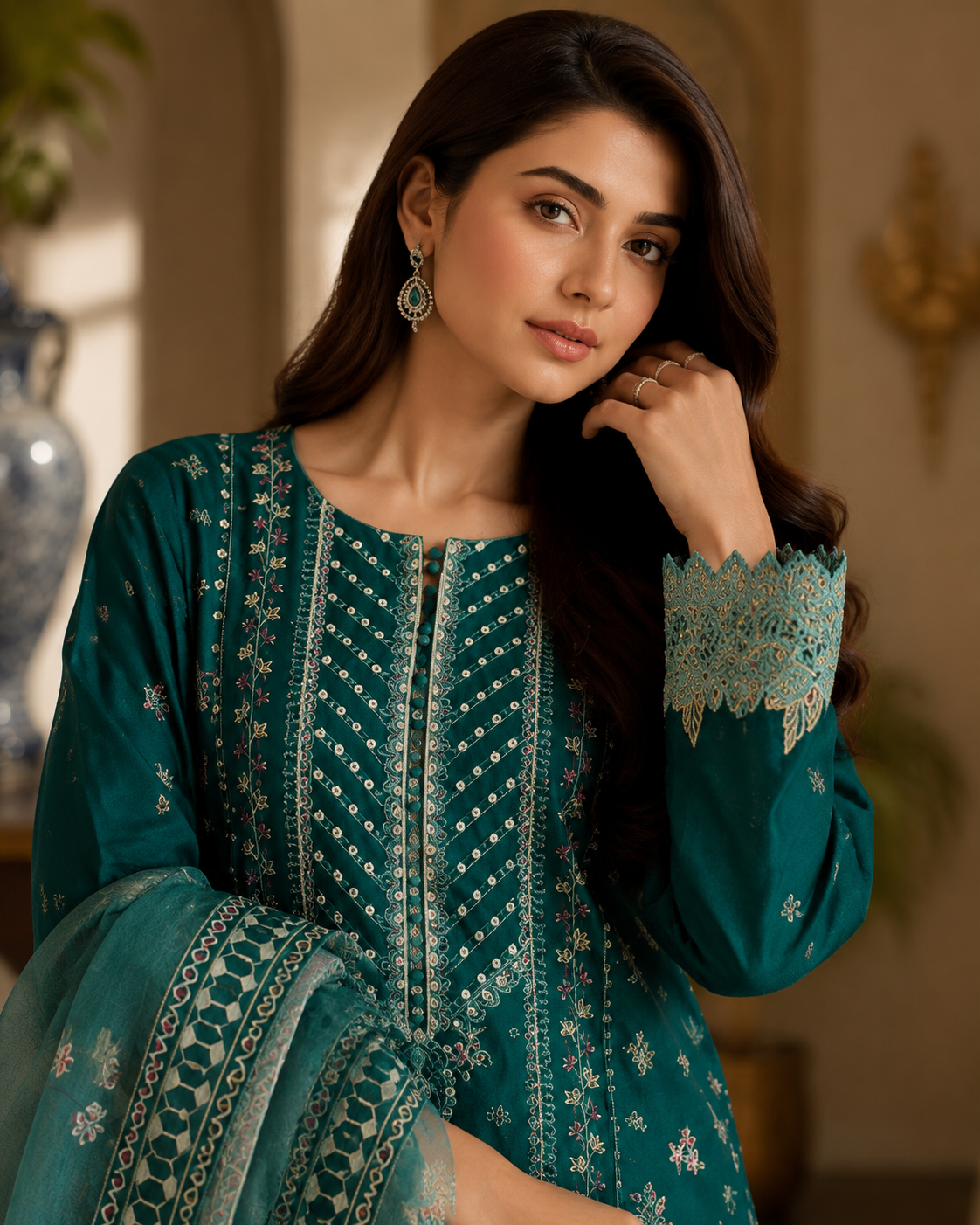 Emerald Teal Embroidered 3-Piece Suit | Gold Chevron Threadwork & Floral Print Dupatta | Pakistani Women's Luxury Formal Collection
