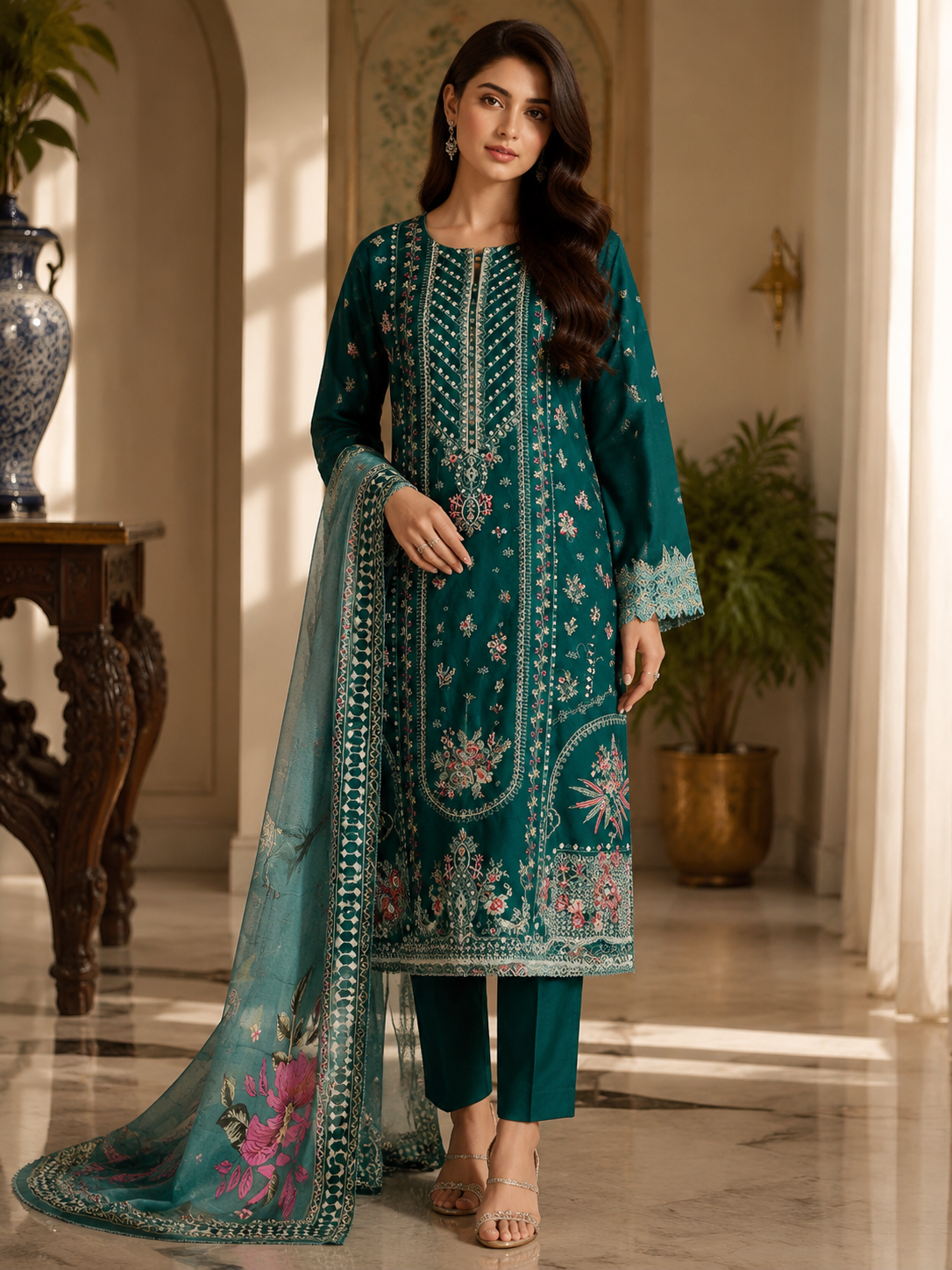 Emerald Teal Embroidered 3-Piece Suit | Gold Chevron Threadwork & Floral Print Dupatta | Pakistani Women's Luxury Formal Collection