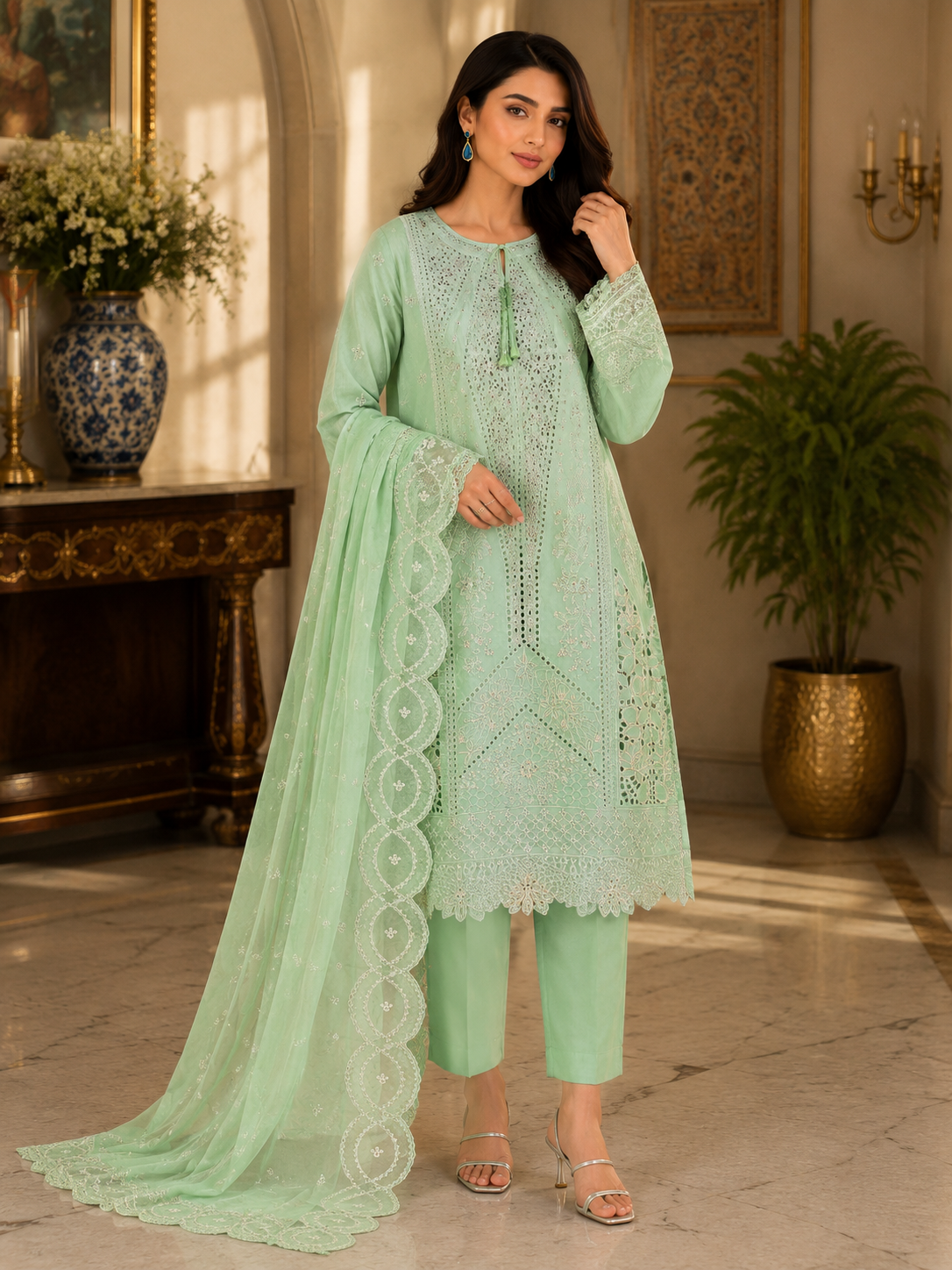 Steel Blue Cutwork Organza 3-Piece Suit | Schiffli Embroidery & Scallop Lace Dupatta | Pakistani Women's Formal Wear