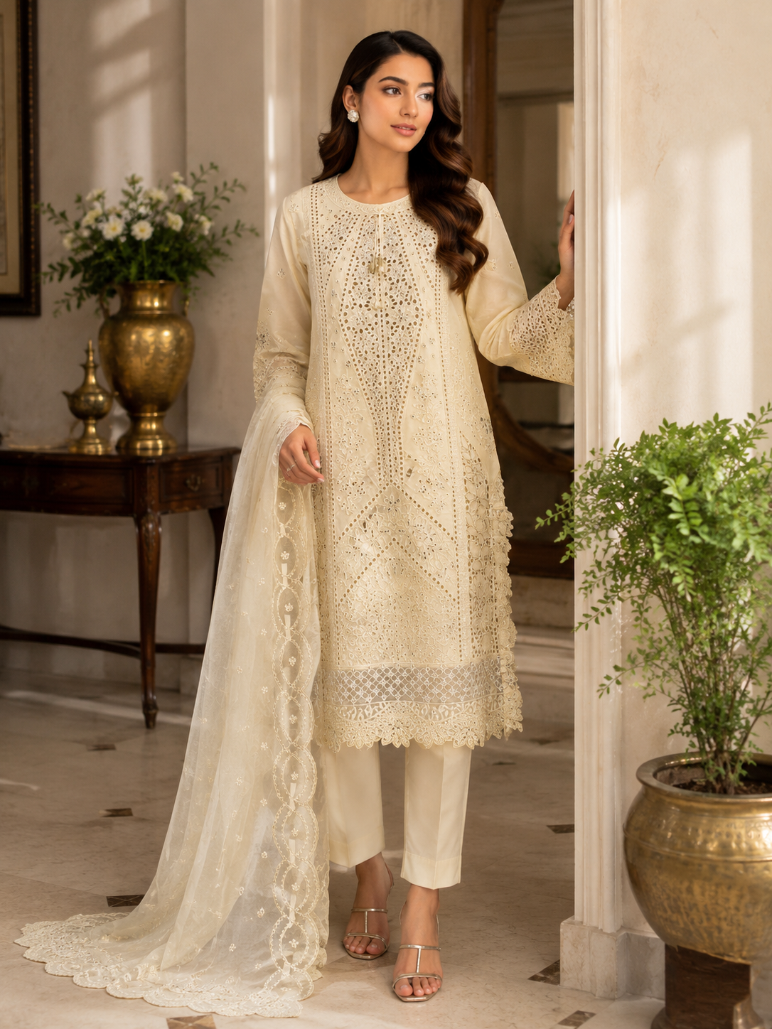 Steel Blue Cutwork Organza 3-Piece Suit | Schiffli Embroidery & Scallop Lace Dupatta | Pakistani Women's Formal Wear