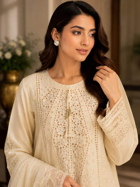 Steel Blue Cutwork Organza 3-Piece Suit | Schiffli Embroidery & Scallop Lace Dupatta | Pakistani Women's Formal Wear