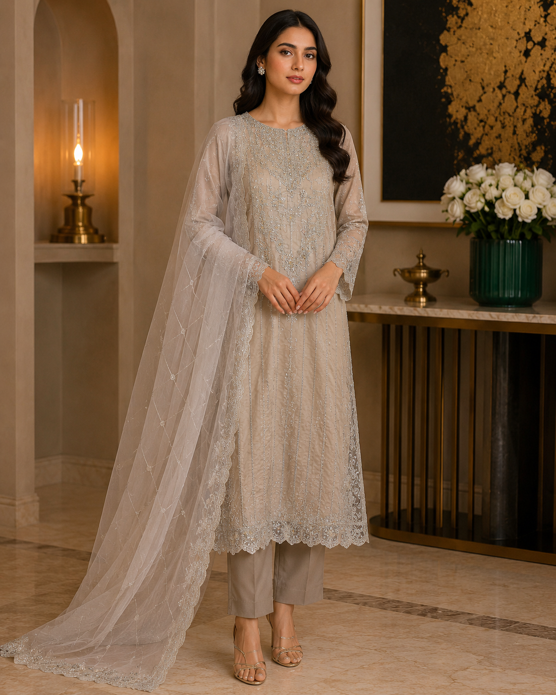 Heavy Embroidered Organza Suit | Silver Sequin & Threadwork | Pakistani Women's Luxury Wedding Formal Wear
