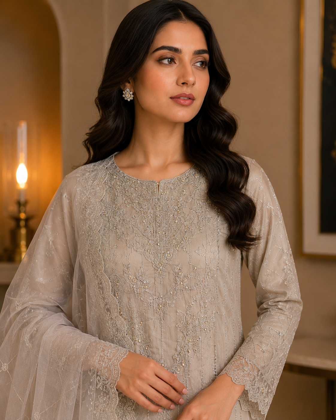 Heavy Embroidered Organza Suit | Silver Sequin & Threadwork | Pakistani Women's Luxury Wedding Formal Wear