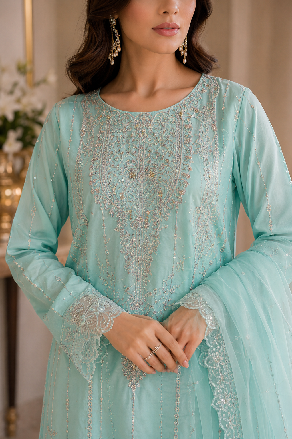Heavy Embroidered Organza Suit | Silver Sequin & Threadwork | Pakistani Women's Luxury Wedding Formal Wear