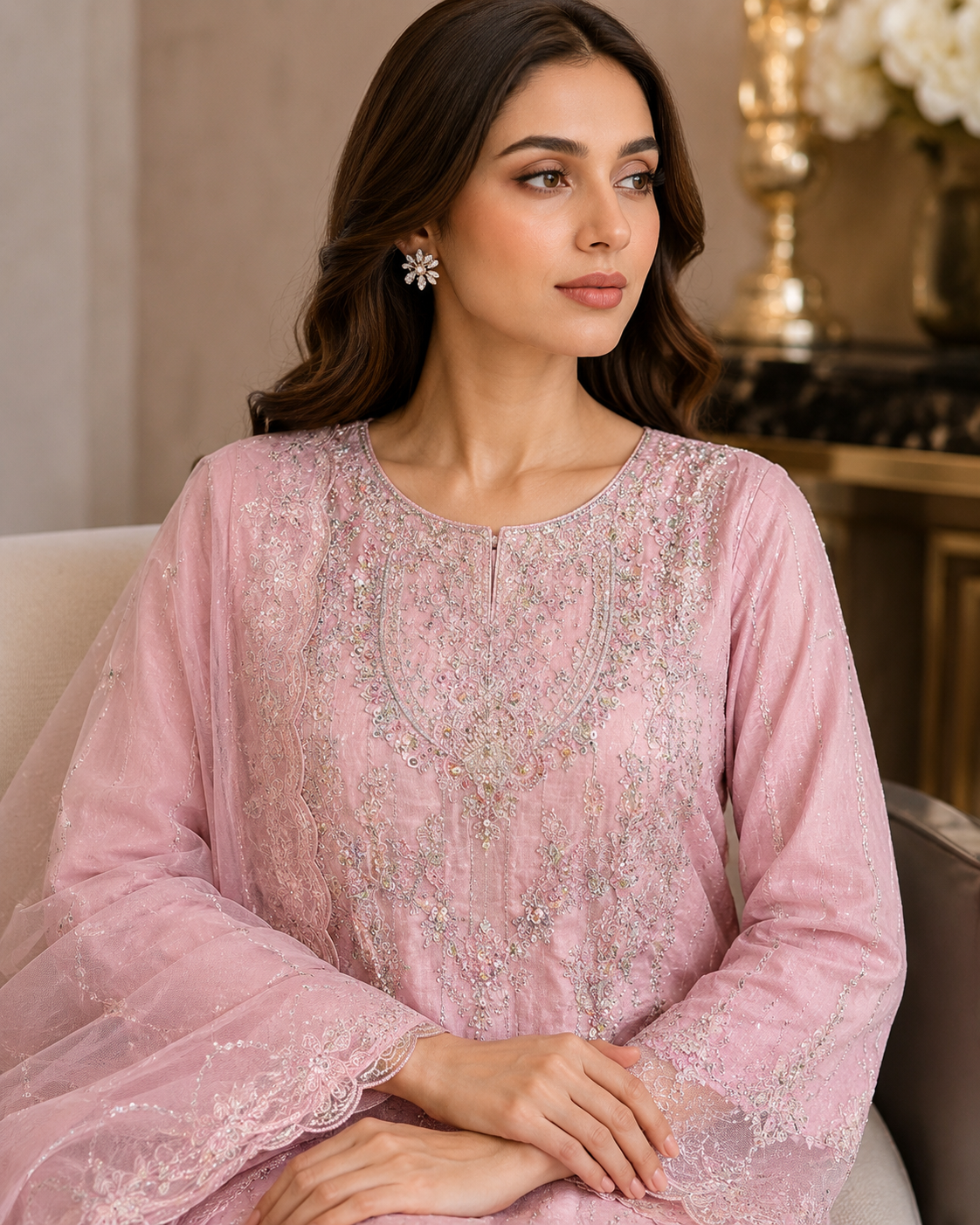 Heavy Embroidered Organza Suit | Silver Sequin & Threadwork | Pakistani Women's Luxury Wedding Formal Wear