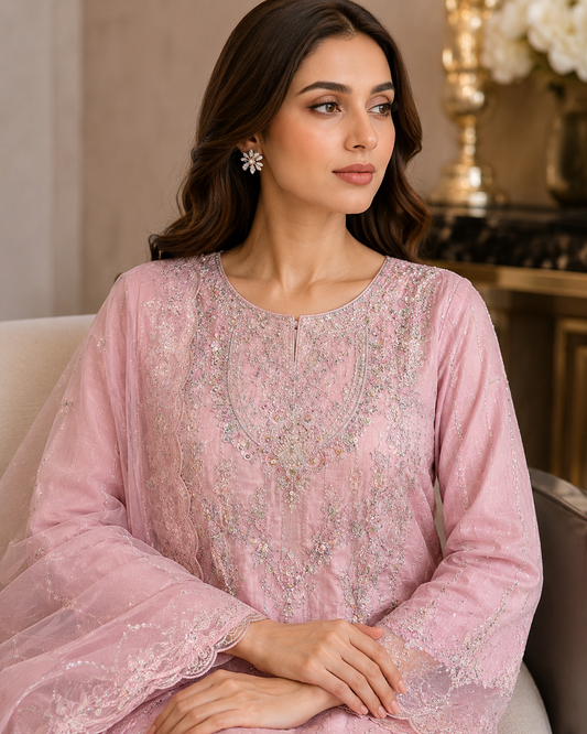 Heavy Embroidered Organza Suit | Silver Sequin & Threadwork | Pakistani Women's Luxury Wedding Formal Wear