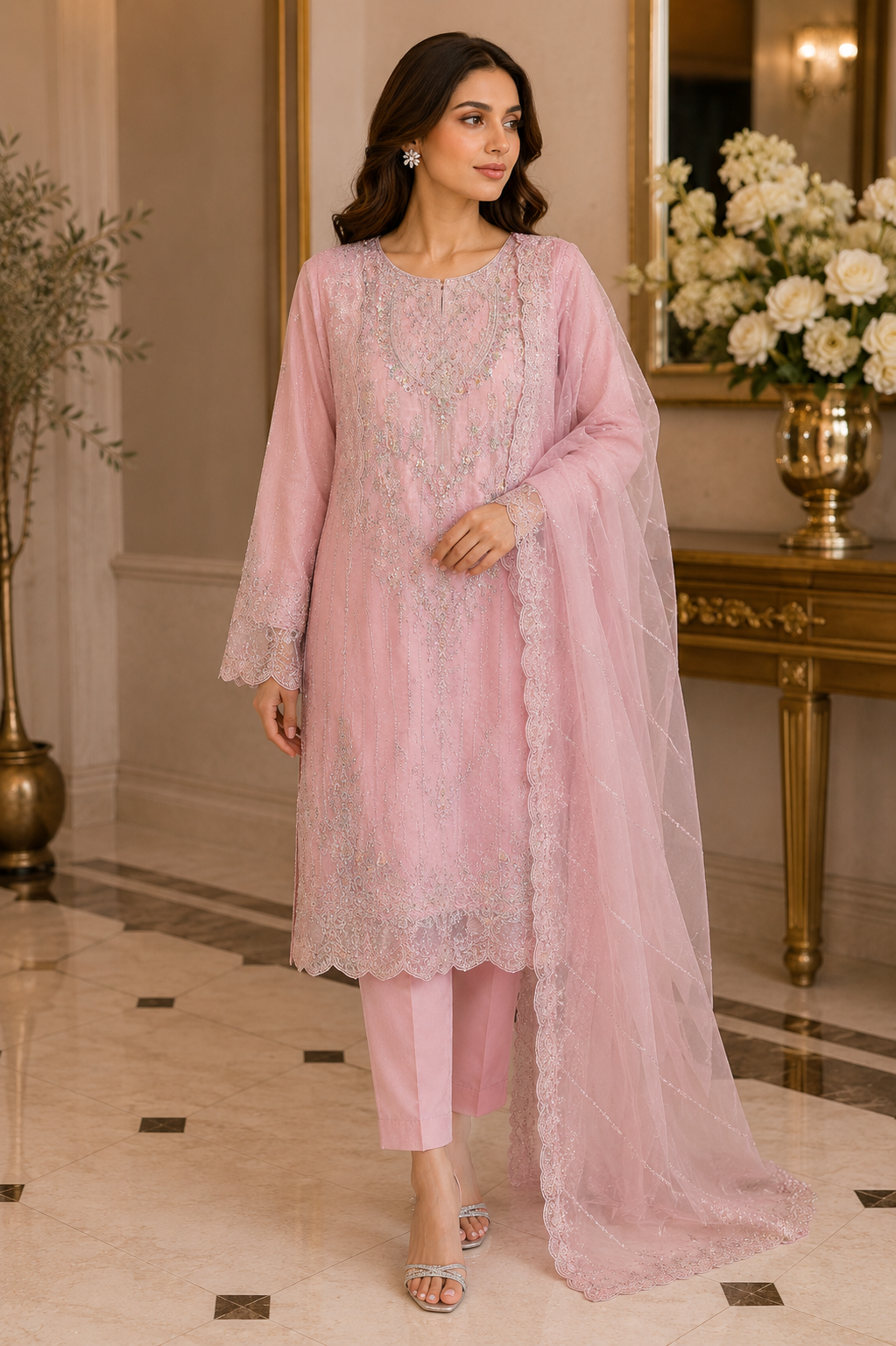 Heavy Embroidered Organza Suit | Silver Sequin & Threadwork | Pakistani Women's Luxury Wedding Formal Wear