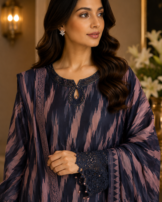 Navy & Mauve Ikat Print 3-Piece Suit | Cutwork Lace Cuffs & Pearl Neckline | Pakistani Women's Printed Formal Collection